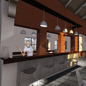 vizualizácia interiéru - návrh kaviarne v historickej budove destilácie
